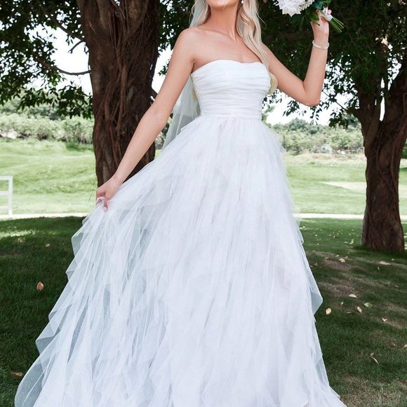 White Preppy Womens Solid Ruched Tube Wedding Dress - Picture 2 of 5